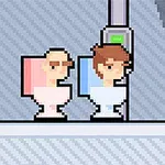 Dwie pikselowe postacie siedzące na toaletach, jedna na różowej, a druga na niebieskiej, w stylu retro