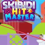 Człowiek z kamerą zamiast głowy celuje laserem w postać w toalecie na tle kolorowych budynków i napisu Skibidi Hit Master