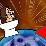 Mężczyzna z kreskówki siedzi na toalecie umieszczonej na planecie, z dużą czerwoną strzałką wskazującą na nią, na tle brązowych promieni