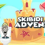 Postać w toalecie na plaży obok zamku z piasku i parasola z napisem Skibidi Jump Adventure