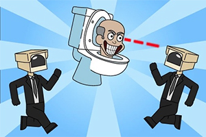 Dwóch postaci w garniturach z kartonami na głowach biegnie w kierunku muszli klozetowej z rysunkową twarzą mężczyzny