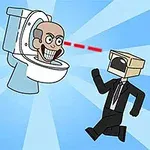 Dwóch postaci w garniturach z kartonami na głowach biegnie w kierunku muszli klozetowej z rysunkową twarzą mężczyzny