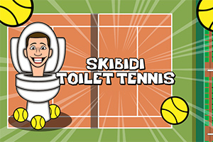 Osoba z głową wystającą z toalety na tle kortu tenisowego z piłkami tenisowymi i napisem Skibidi Toilet Tennis