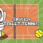 Osoba z głową wystającą z toalety na tle kortu tenisowego z piłkami tenisowymi i napisem Skibidi Toilet Tennis