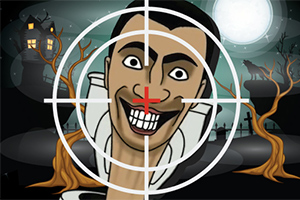 Wizerunek postaci z celownikiem na tle pełni księżyca, drzew i nawiedzonego domu