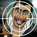 Wizerunek postaci z celownikiem na tle pełni księżyca, drzew i nawiedzonego domu