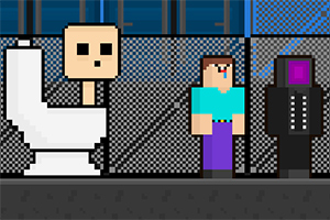 Postacie pikselowe stojące obok siebie, w tym postać na sedesie i inna w czarnym stroju, na tle metalowej siatki