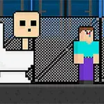 Postacie pikselowe stojące obok siebie, w tym postać na sedesie i inna w czarnym stroju, na tle metalowej siatki