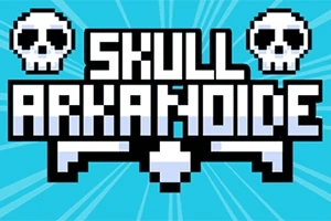 Grafika z pixelartowym napisem SKULL ARKANOIDE na niebieskim tle, z dwoma czaszkami po bokach