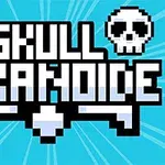 Grafika z pixelartowym napisem SKULL ARKANOIDE na niebieskim tle, z dwoma czaszkami po bokach