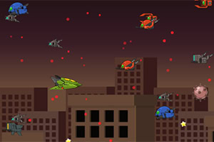 Statek kosmiczny i latające obiekty nad sylwetką miasta nocą z rozproszonymi czerwonymi punktami