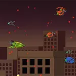 Statek kosmiczny i latające obiekty nad sylwetką miasta nocą z rozproszonymi czerwonymi punktami