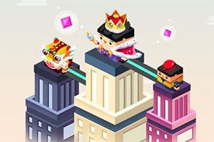 Postacie w kształcie sześcianów na dachach budynków z koroną i maską smoka, otoczone różowymi kryształami