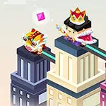 Postacie w kształcie sześcianów na dachach budynków z koroną i maską smoka, otoczone różowymi kryształami