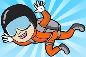 Postać animowana w pomarańczowym kombinezonie do skoków spadochronowych z plecakiem i kaskiem, unosząca się w powietrzu na tle jasnoniebieskich promieni