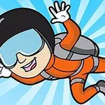 Postać animowana w pomarańczowym kombinezonie do skoków spadochronowych z plecakiem i kaskiem, unosząca się w powietrzu na tle jasnoniebieskich promieni