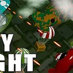 Samoloty w różnych kolorach strzelają pociskami w chmurach, z widocznym tytułem Sky Fight