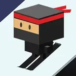 Czarno-czerwona, kanciasta postać ninja na białym, ukośnym tle