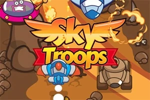 Kolorowa ilustracja przedstawiająca logo z napisem Sky Troops otoczone samolotami i pojazdami na tle płonącego krajobrazu