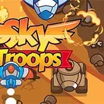 Kolorowa ilustracja przedstawiająca logo z napisem Sky Troops otoczone samolotami i pojazdami na tle płonącego krajobrazu