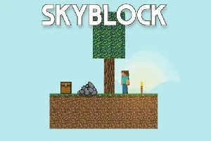 Wyspa z drzewem, postacią, skrzynią, oraz stos kamieni na wiszącej ziemi pod niebem z napisem SKYBLOCK