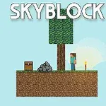 Wyspa z drzewem, postacią, skrzynią, oraz stos kamieni na wiszącej ziemi pod niebem z napisem SKYBLOCK