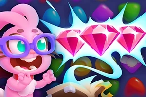 Różowy stworek w okularach obok trzech różowych diamentów na kolorowym tle