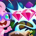 Różowy stworek w okularach obok trzech różowych diamentów na kolorowym tle