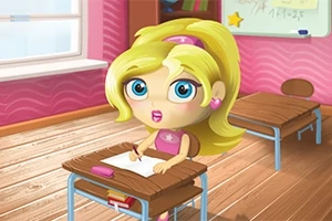 Dziewczynka z blond włosami siedząca przy biurku w różowej klasie, rysująca na kartce papieru