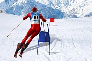 Narciarz w czerwonym kombinezonie z numerem 81 zjeżdża po stoku narciarskim między niebieskimi i czerwonymi bramkami na tle ośnieżonych gór