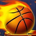 Płonąca piłka do koszykówki lecąca w kierunku obręczy na tle niebieskiego nieba