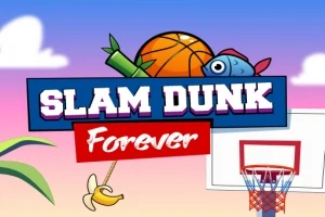 Logo z napisem Slam Dunk Forever, piłką do koszykówki, niebieską rybką, bananem i koszem na tle nieba