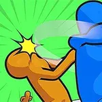 Niebieska postać bije pomarańczową postać na zielonym tle z promieniami, z małą postacią policjanta w tle