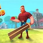 Postać w koszuli w kratę trzymająca ogromny drewniany miecz i jabłko, stojąca na zielonej polanie z budynkami w tle, z napisem Slash Ville 3D