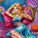 Księżniczka siedzi na łóżku w nieładzie z liśćmi i opaską na głowie, otoczona kosmetykami i przyborami do pielęgnacji, w kolorowym pokoju