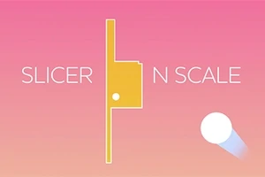 Różowe tło z żółtym obiektem geometrycznym pośrodku, napisy SLICER i N SCALE oraz biała kula z cieniem po prawej stronie