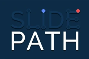 Niebieskie tło z napisem SLIDE PATH w ciemnym i białym kolorze, ozdobione czerwonym i niebieskim punktem