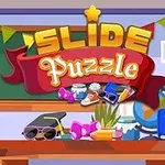 Kolorowa grafika przedstawiająca napis Slide Puzzle z dekoracjami szkolnymi, w tym kapeluszem absolwenta, okularami i książką na biurku przed tablicą