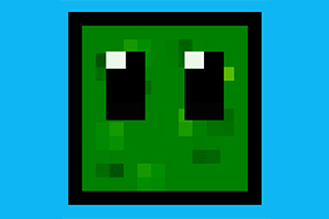 Zielony, pikselowy kwadrat z dużymi, prostokątnymi oczami na niebieskim tle