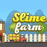 Kolorowa grafika z uroczymi, kreskówkowymi stworzeniami, ręką wskazującą na jedno z nich, ciężarówką obok budynku oraz napisem Slime farm