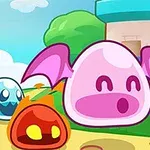 Różowy stworek z uszami, zadowolona niebieska postać i pomarańczowy stworek na tle zielonego krajobrazu z drzewem i wieżą