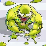 Żółty potwór z ostrymi zębami i muskulaturą biegnie po drodze, zostawiając za sobą ślady zielonej cieczy