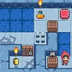 Pixelowa postać w czerwonym kapturze w labiryncie z niebieskimi ścianami, świecami, eliksirami i skrzynkami