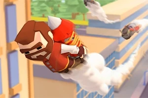 Dwie postacie w kolorowych strojach lecące na rakietach nad miastem w stylu kreskówkowym