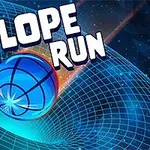 Niebieska kula tocząca się po zakrzywionej siatce w kosmicznej scenerii z napisem Slope Run