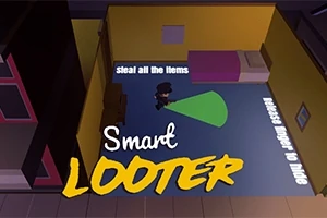 Postać w ciemnym pomieszczeniu z żółtymi ścianami i fioletowym łóżkiem, oświetlona zieloną latarką z napisami steal all the items i release finger to hide