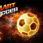 Sylwetka piłkarza w dynamicznej pozie obok płonącej piłki nożnej i napisu Smart Soccer