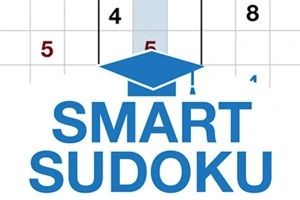 Logo z napisem SMART SUDOKU z granatowym kapeluszem akademickim na tle planszy z liczbami