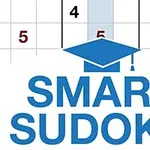 Logo z napisem SMART SUDOKU z granatowym kapeluszem akademickim na tle planszy z liczbami