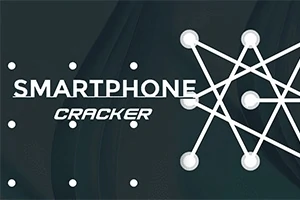 Grafika z napisem SMARTPHONE CRACKER i rysunkiem siatki połączonych białych punktów na ciemnym tle